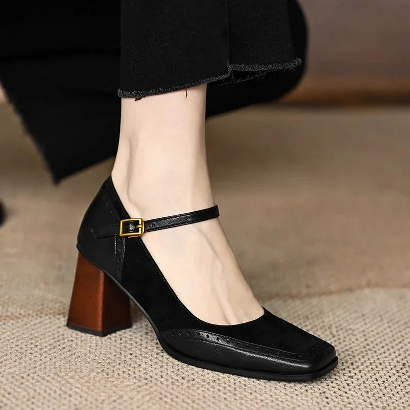 Constance | Women's Square Toe Block Heel Pumps Ankle Strap Brogue