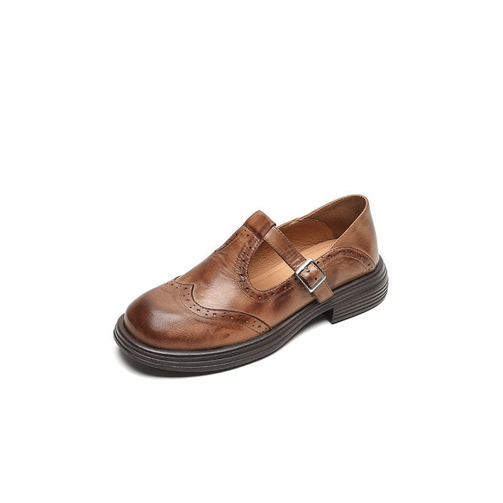Rosie | Women's Leather T-Strap Mary Jane Shoes Brogue Block Heel