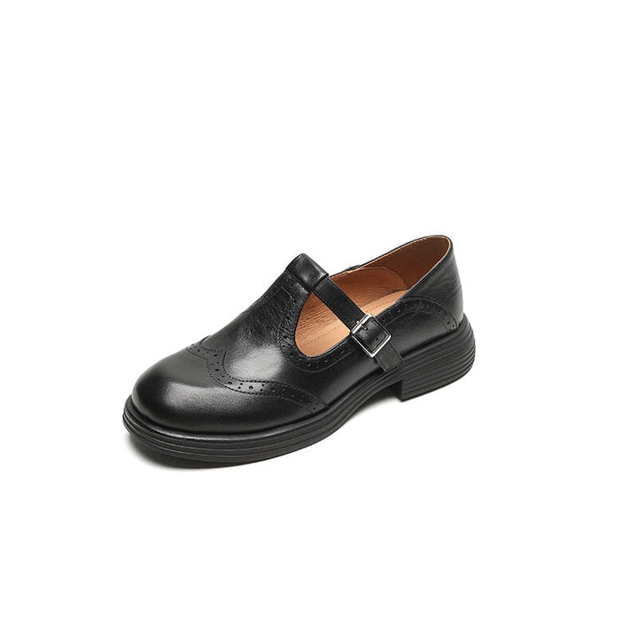 Rosie | Women's Leather T-Strap Mary Jane Shoes Brogue Block Heel