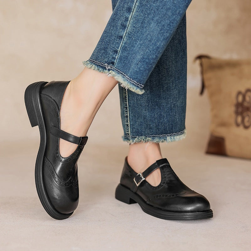 Rosie | Women's Leather T-Strap Mary Jane Shoes Brogue Block Heel