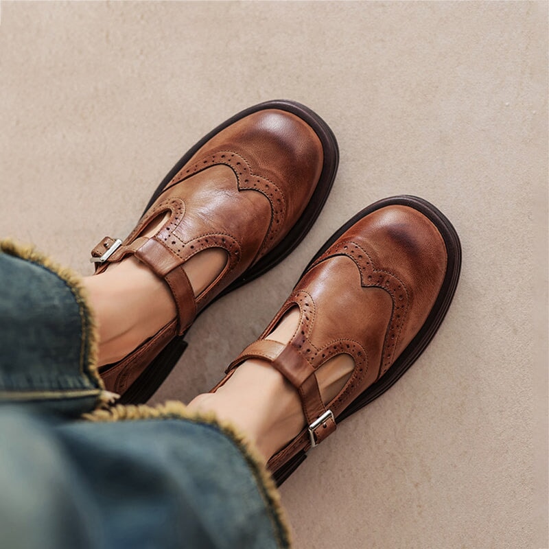Rosie | Women's Leather T-Strap Mary Jane Shoes Brogue Block Heel