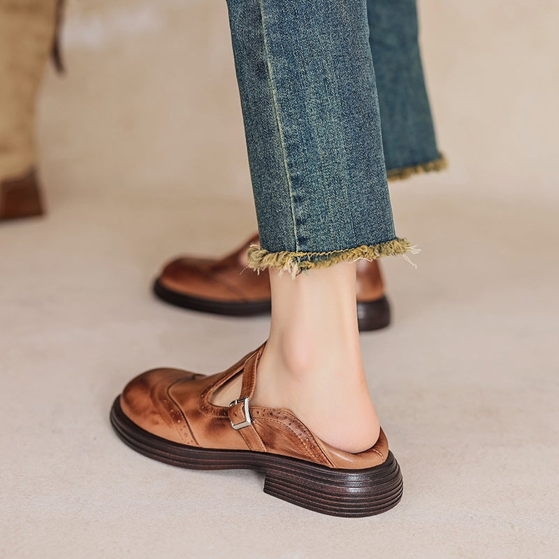 Rosie | Women's Leather T-Strap Mary Jane Shoes Brogue Block Heel