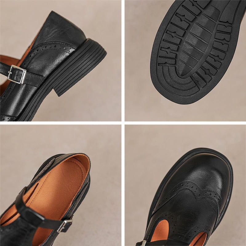 Rosie | Women's Leather T-Strap Mary Jane Shoes Brogue Block Heel