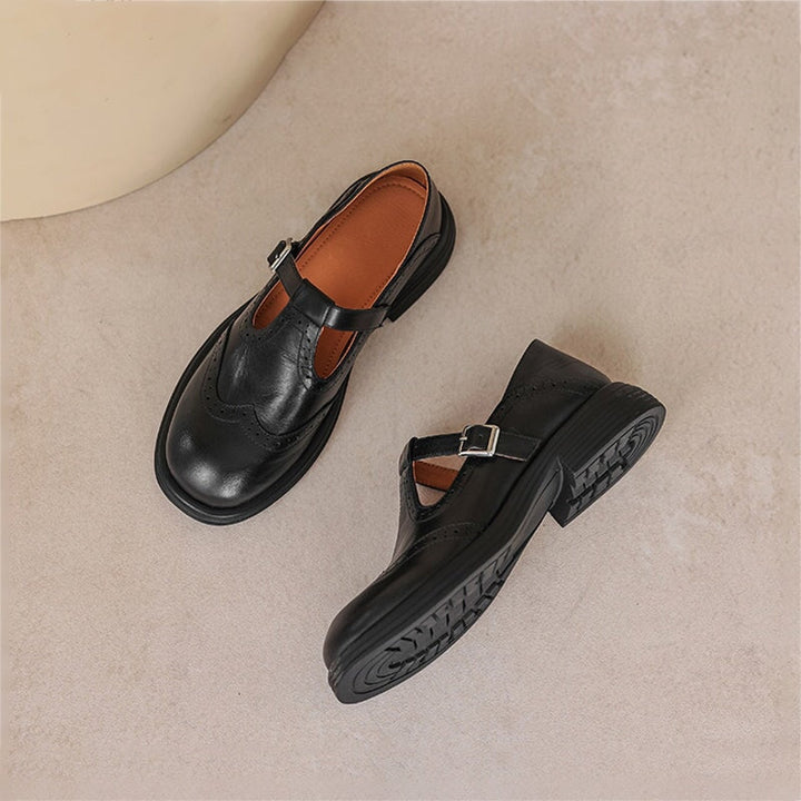Rosie | Women's Leather T-Strap Mary Jane Shoes Brogue Block Heel