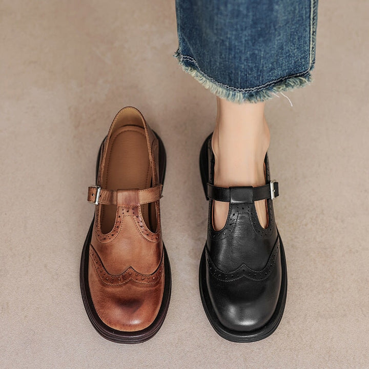 Rosie | Women's Leather T-Strap Mary Jane Shoes Brogue Block Heel